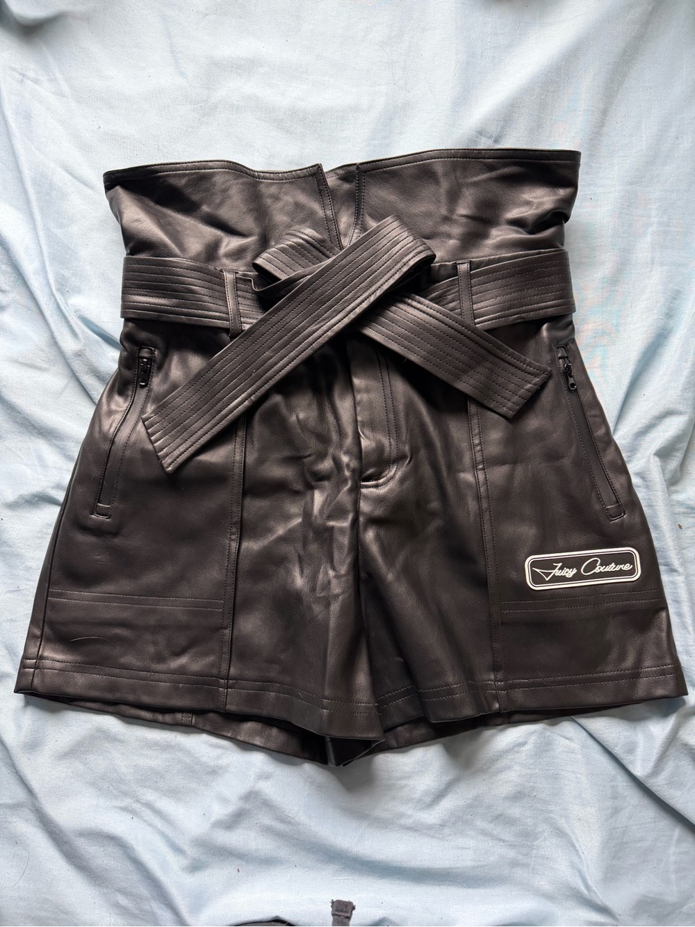Juicy Couture Black High-Waist Faux Leather Belted Shorts